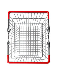 Overhead shot of a rectangular, metal shopping basket with a red rim and attached handles