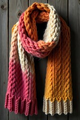 Cozy Chunky Knit Scarf Draped on Rustic Wood Autumn Winter Warmth and Comfort