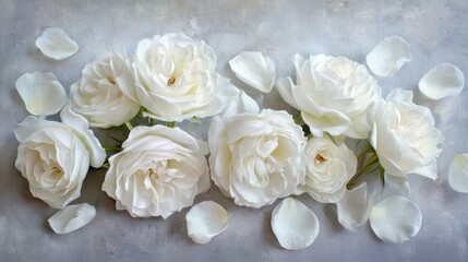 Obraz premium Soft white roses are elegantly arranged with scattered petals against a gentle gray backdrop creating a serene and calming atmosphere.