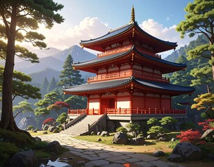 Asian Pagoda in Lush Landscape