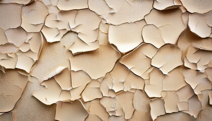 close up view of old wall surface with beige cracked and peeling paint showing signs of aging and weathering