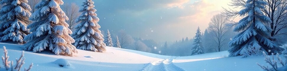 Magical Winter Wonderland Frosted Trees and Glistening Snowdrifts in an Ethereal Setting, Perfect for Holiday and Fantasy Projects