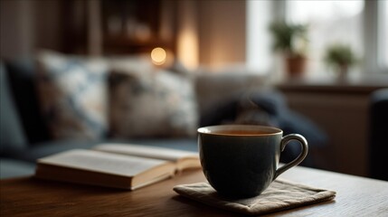 Warm cup of coffee on a wooden table beside an open book, with a cozy living room setting featuring soft cushions and natural light creating a serene atmosphere