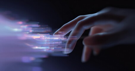 Futuristic hand reaching towards vibrant digital light streams, symbolizing connection between technology and human interaction, with abstract glowing effects in a dark environment