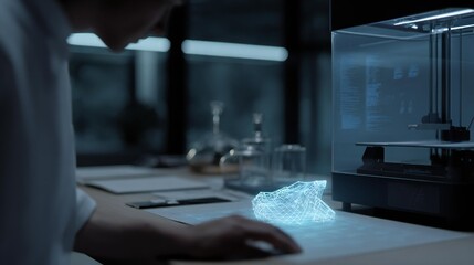Innovative 3D illustration of a holographic object being manipulated by a researcher in a modern laboratory, showcasing advanced technology and creative design concepts