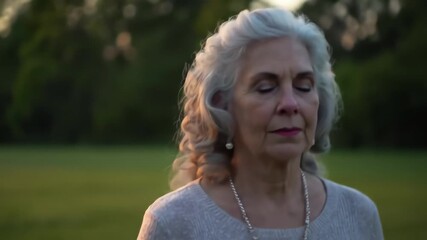 A serene senior woman with beautiful silver hair closes her eyes while walking outdoors during a golden sunset
