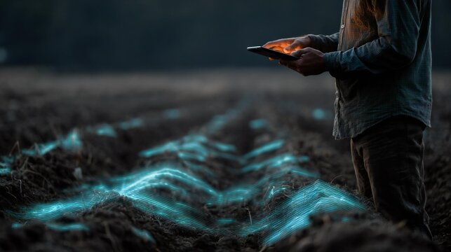 Agricultural worker using tablet in field, analyzing soil data with digital overlays, showcasing modern farming technology and precision agriculture concepts - Powered by Adobe