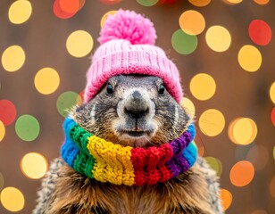 Groundhog in a pink hat and rainbow scarf, festive lights background