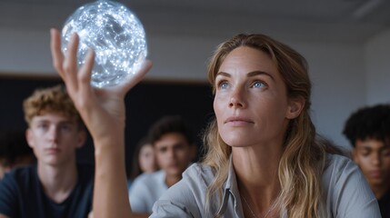 Female educator with long hair holds glowing sphere in classroom, surrounded by attentive students, illustrating concepts of science and technology in an engaging learning environment