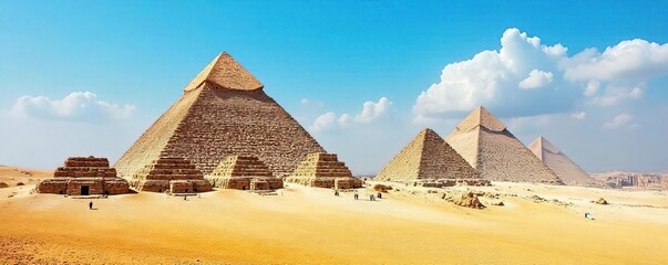 Majestic Giza Pyramids under a Vibrant Blue Sky An Awe-Inspiring View of Ancient Egypts Timeless Monuments in the Sahara Desert.  A breathtaking travel destination.