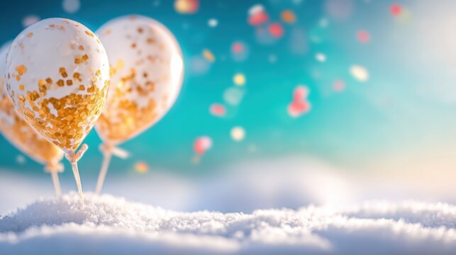 Colorful balloons with confetti in a snowy landscape at golden hour
