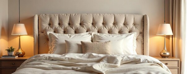 Luxurious Beige and Cream Plush Headboard Bedroom, Soft and Inviting Atmosphere, Perfect for Relaxation and Comfortable Sleep