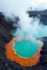 Breathtaking Turquoise Geothermal Hot Spring in Icelands Volcanic Landscape Serene Steam Rising, Raw Natural Beauty