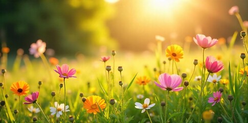 Sun-Drenched Meadow Wildflowers Swaying in Gentle Summer Breeze Idyllic Natural Beauty