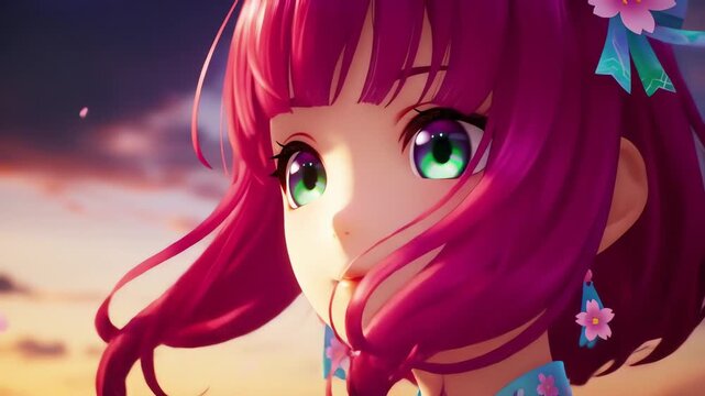 A beautiful 3D anime girl with vibrant pink hair and green eyes watching the sunset with falling petals loop
