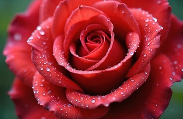 A vibrant red rose blooms after spring rain, its delicate petals adorned with glistening water droplets. This detailed macro view showcases nature exquisite beauty and the flower soft texture.