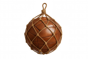 Vintage leather soccer ball in a traditional rope net, representing sports history and classic football heritage