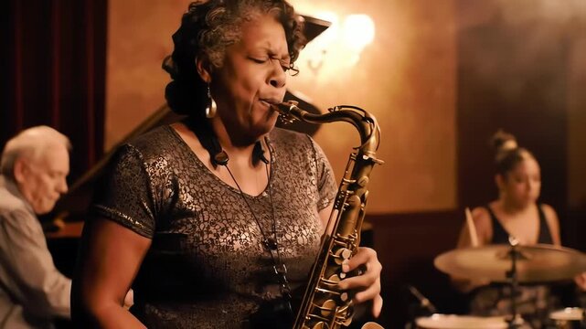 Talented senior woman saxophonist leads a jazz trio in a classic live music performance at a club