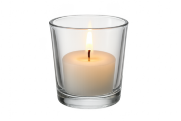 White candle burning in glass votive holder