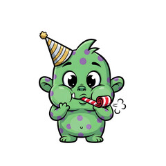 Naklejka premium An animated green character with purple dots wears a party hat and holds a whistle. The cartoonish illustration has a transparent background, perfect for diverse applications.