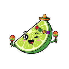 A cheerful animated lime slice wearing a sombrero and holding maracas on a transparent background. The vibrant illustration captures a festive, pixelated style.