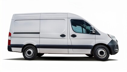 side view of a modern white delivery van with black tires and tinted windows isolated on a plain white background