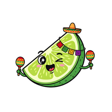 A cheerful animated lime slice wearing a sombrero and holding maracas on a transparent background. The vibrant illustration captures a festive, pixelated style.