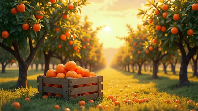 Orange harvest with basket full of ripe oranges in sunny orchard. Orange trees line the path, heavy with fruit, creating a picturesque scene. Concept of orange harvest for agriculture themes.