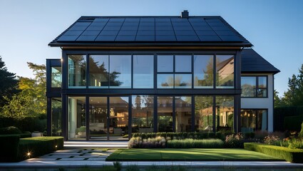 Fototapeta premium Modern luxury home with extensive glass facade and solar panels
