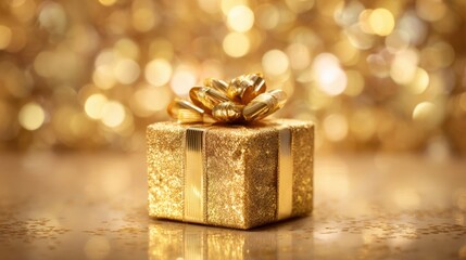A small golden gift box sits elegantly on a smooth surface adorned with bright ribbons surrounded by a sparkling background filled with soft glowing lights perfect for a holiday season.