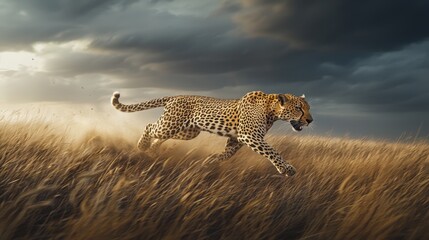Obraz premium Leopard runs through golden grass under a dramatic sky at dusk in the African savannah