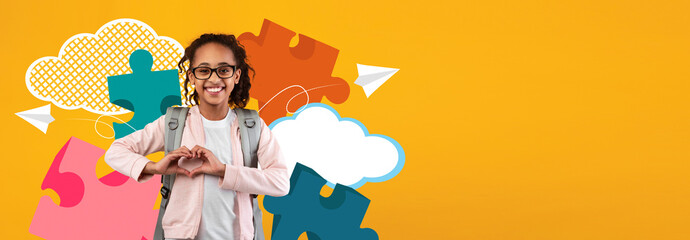 A cheerful child with glasses stands in a bright school setting, making a heart shape with her hands. The background features colorful puzzle pieces and clouds, creating a fun atmosphere.