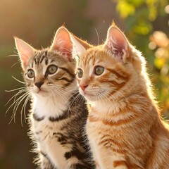 Obraz premium Two kittens, one gray tabby and one orange tabby, sit side-by-side, looking outward in a sunlit outdoor setting