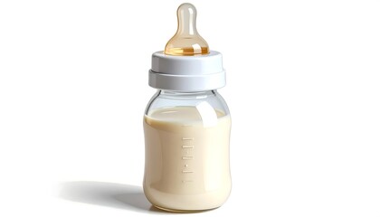 Clear glass baby bottle filled with milk, white nipple