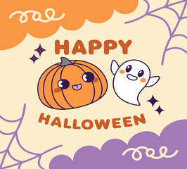 Happy Halloween Cute Pumpkin Vector, Halloween Ghost Icon Design, Cute Halloween Pumpkin and Ghost Vector,  Spooky Halloween Social Media Post, Halloween Party Greeting Vector