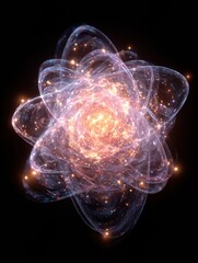Obraz premium Beautiful Cosmic Formation Resembling an Atom With Luminescent Particles Dancing in a Dark Space Background