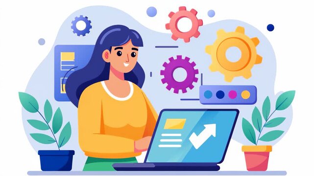 Woman Installing Software Update on Laptop, a woman performs a software installation update on a laptop, Simple and minimalist flat 2d Animation