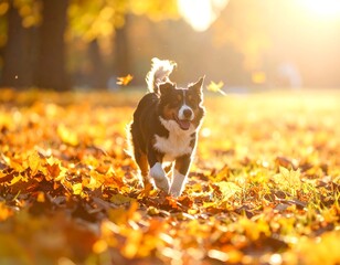 Happy dog runs through autumn leaves. Golden sunlight streams through trees