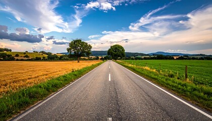 Fototapeta premium Straight road through golden and green fields under a partly cloudy sky