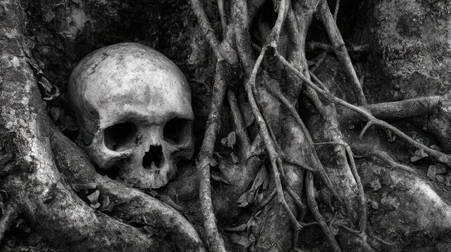 A skull is laying on the ground next to some branches. The skull is surrounded by dirt and leaves, giving it a creepy and eerie appearance. Concept of fear and unease