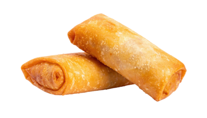 Two golden, crispy, fried pastries with visible layers on a transparent background