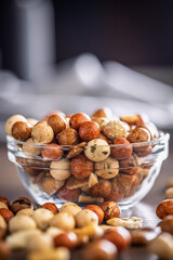 Salted snack. Coated peanuts and mini crackers in bowl on wooden table.
