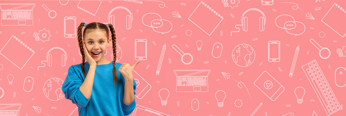 A joyful child with pigtails poses playfully, pointing with enthusiasm. The bright background features school supplies like notebooks and tech items, creating a lively atmosphere.