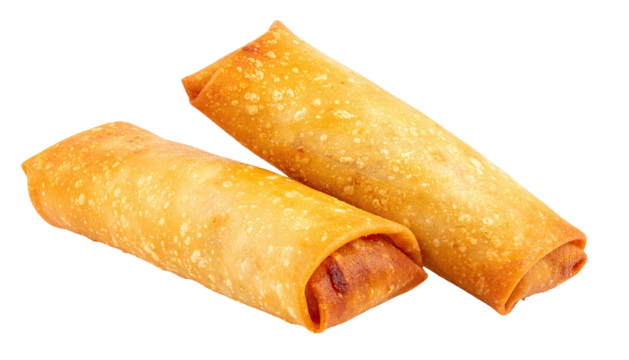 Two golden, crispy, cylindrical fried spring rolls with visible texture, set against a void