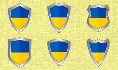 Set of metal shields with the Ukrainian flag