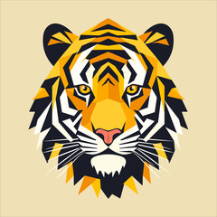 A modern geometric vector illustration of a tiger's head composed of angular shapes in yellow, orange, black, and white, featuring sharp yellow eyes
