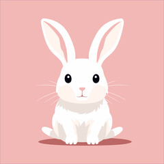 An adorable white bunny with big eyes, pink nose, and fluffy fur, sitting on pink background. Ideal for kids' books or playful designs