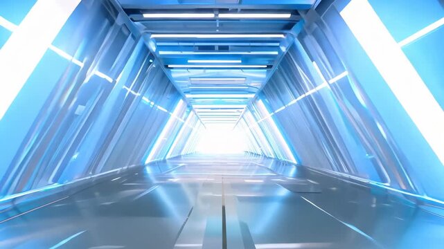 Futuristic corridor with sleek metallic walls and vibrant blue lighting, showcasing a dynamic perspective shift towards a bright exit, enhancing visual depth and intrigue