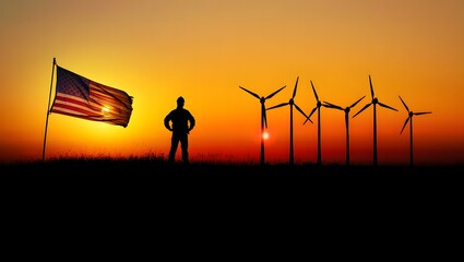Silhouette of a person with american flag and wind turbines at sunset