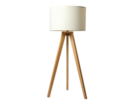 A modern floor lamp with a white lampshade and wooden tripod base against a black background